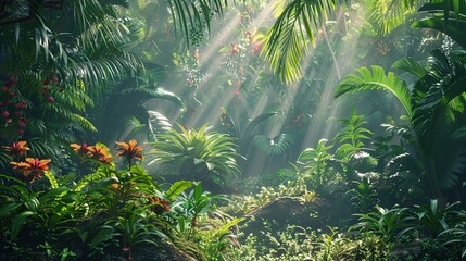 A rainforest clearing with a variety of tropical plants, including ferns, orchids, and bromeliads, thriving in the dappled sunlight