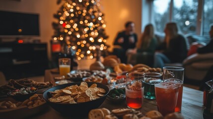 Fototapeta premium family gathering around christmas sofa. room decorated with lights and ornaments
