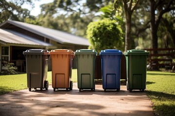 Colorful recycling bins lined up in a sunny outdoor yard setting during the day