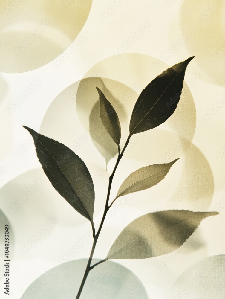 Poster A striking silhouette of a tea leaf branch stands out against a softly illuminated background, creating a serene atmosphere. Generative AI