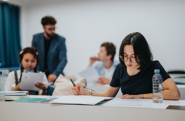 A group of students actively participate in classroom tasks with the assistance of their professor. The setting fosters an environment of learning and academic collaboration.