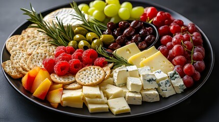Delicious cheese platter with crackers, fruits and olives served on a dark plate. Dark plate with italian foods. Ultra realistic. Photorealistic