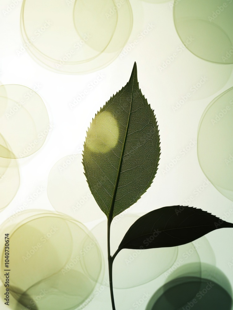 Poster The silhouette of a tea leaf stands prominently against a softly lit background with blurred green circles, creating a tranquil setting. Generative AI