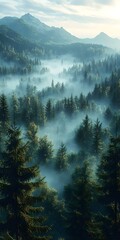 Misty forest landscape with towering evergreen trees and distant mountains under a peaceful morning sky.