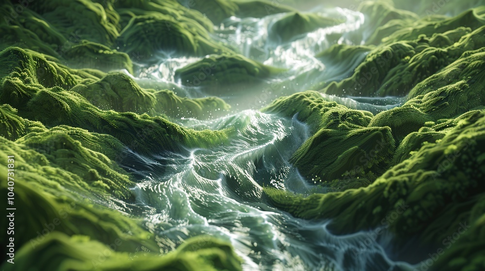 Poster a river with water that seems to flow uphill, creating impossible shapes and patterns