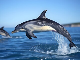 Obraz premium A dolphin gracefully leaps out of the sparkling ocean water under a clear blue sky, showcasing its agility and elegance.