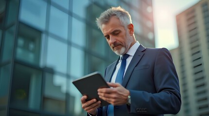 Fototapeta premium Focused successful mature Indian or Latin entrepreneur businessman holding digital computer pc tablet standing outdoor at business office building. Hispanic smiling man in suit working using touchpad