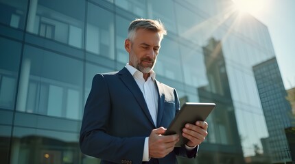 Fototapeta premium Focused successful mature Indian or Latin entrepreneur businessman holding digital touchpad tablet pc standing outdoor at business office building. Hispanic smiling man in suit working using computer