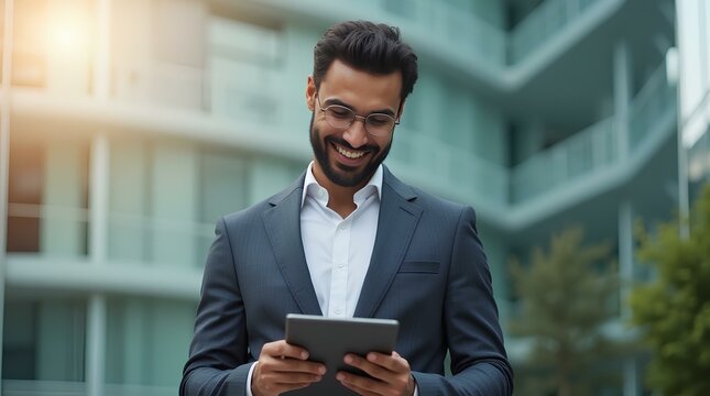 Focused successful mature Indian or Latin entrepreneur businessman holding digital touchpad pc tablet standing outdoor at business office building. Hispanic smiling man in suit working using computer