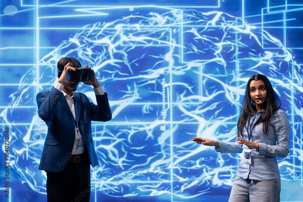 Aufkleber tech specialists presenting vr headset and ai tech during summit presentation, exploring successful 
