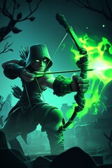 Naklejka premium A skilled archer in a hooded cloak aims with a glowing green bow in a mysterious, dark forest setting at night