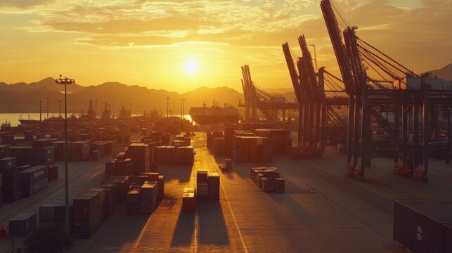 A dynamic port terminal scene at daybreak, Highlighting the global reach of shipping networks, photography style