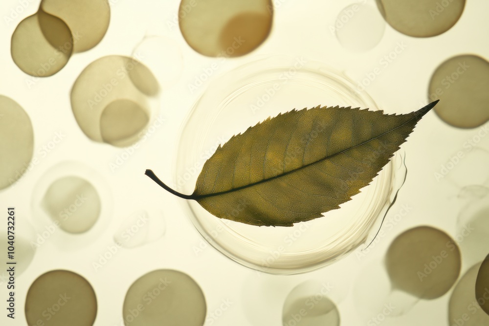 Fototapete a tea leaf silhouette is featured prominently against a soft background of overlapping circles, crea