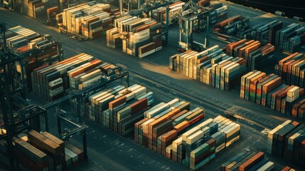 A dynamic port terminal teeming with activity as containers are meticulously stacked onto cargo ships, Symbolizing the fluidity of global supply chains, photography style