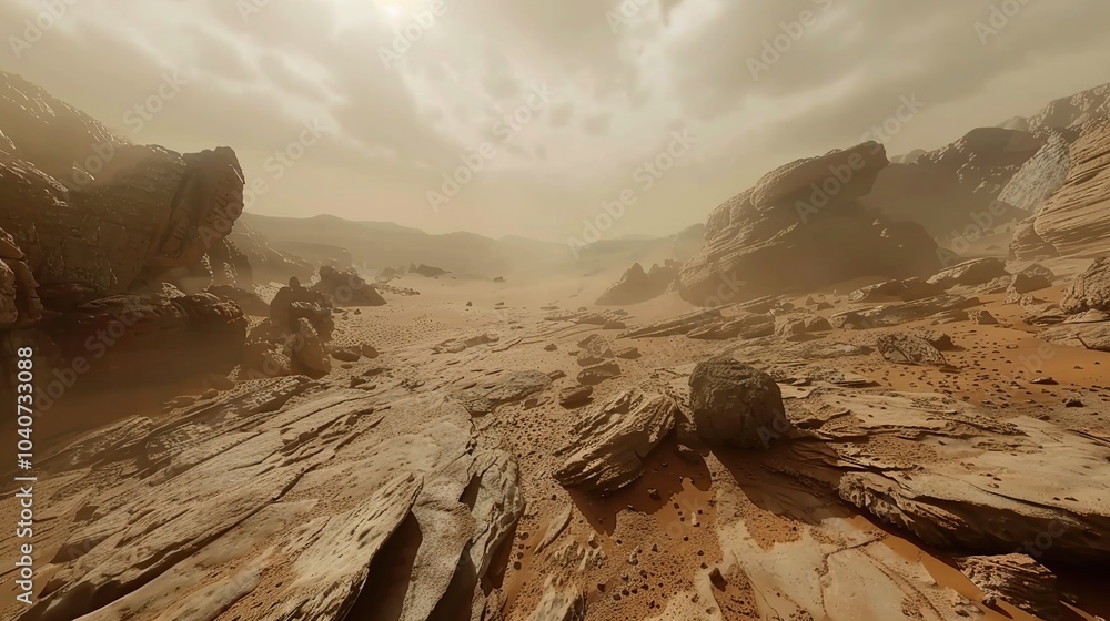 Poster a rover navigating the rugged terrain of mars, capturing detailed images of rock formations and the 