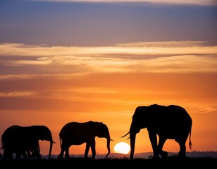 Fototapeta premium silhouette of a group of elephants at sunset
