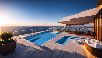 Fototapeta premium Luxurious infinity pool overlooking a serene ocean view