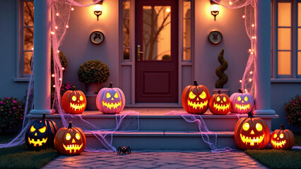 Fototapeta premium Halloween spooky scary front porch entryway decor scene with glowing colorful orange, white, black jack-o'-lantern pumpkins, spider, web, pink and yellow festive lights at night for celebration. 