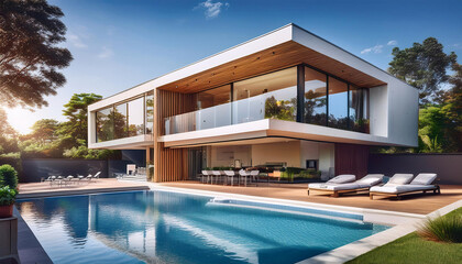 Fototapeta premium Modern house with large windows and pool at sunset