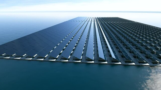 Large floating solar panel array efficiently harnessing energy on calm water