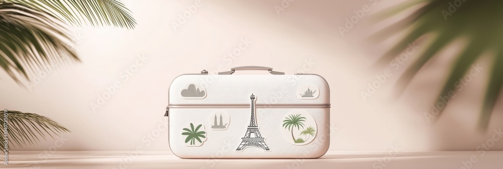 Poster this suitcase features delightful travel stickers of the eiffel tower and palm trees, evoking wander