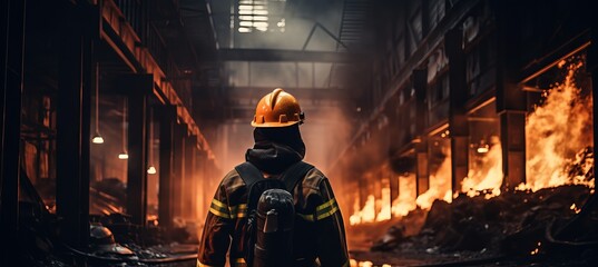 Firefighter surveying a blazing industrial site at night amidst a dangerous inferno