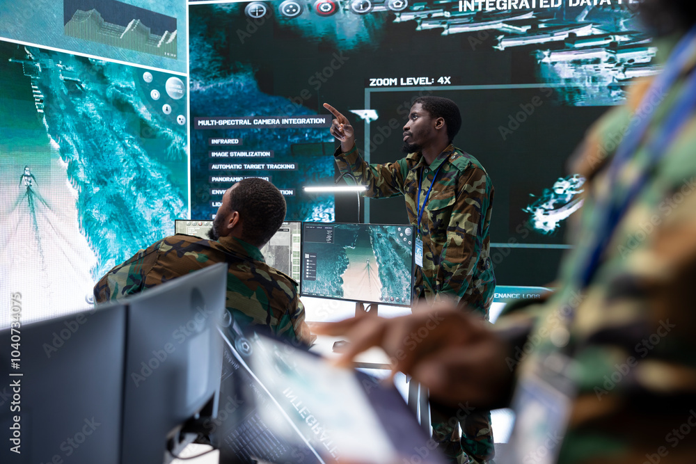 Poster army intelligence specialists use high tech computer systems and satellite data to enhance national 