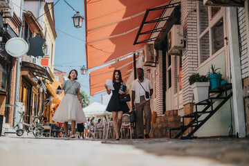 Multicultural startup business team walking through urban city area while having an outdoor meeting on a sunny day.