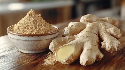 Fototapeta premium Fresh ginger root alongside powdered ginger in a bowl.