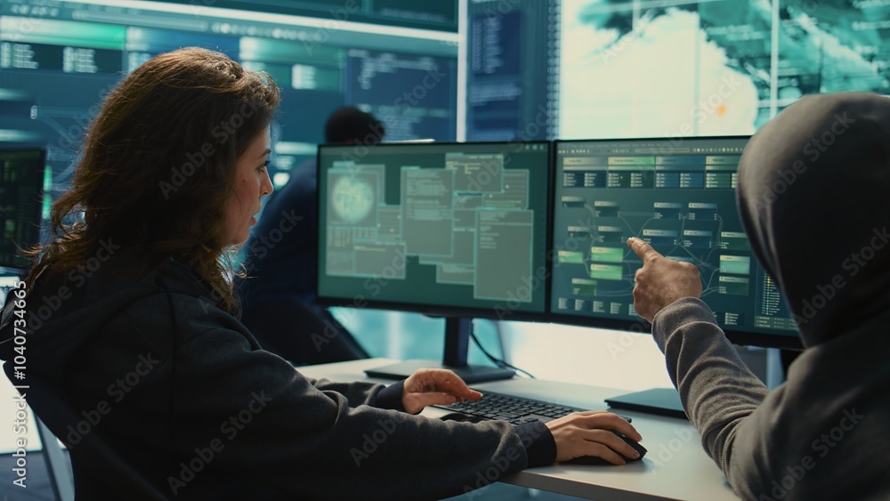 Poster governmental hackers team working on digital security and cyber defense measures, using pc and big s