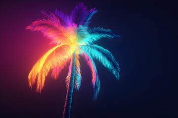 Neon silhouette of a palm tree with a colorful sunset isolated on black background