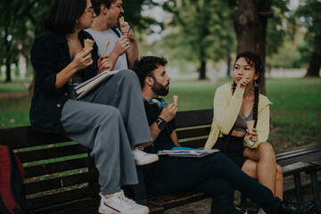 A group of students and their professor take a break, enjoying ice cream cones while sitting on a park bench outdoors.
