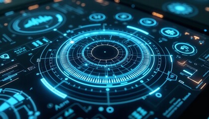 Macro shot of a futuristic digital interface with glowing blue elements and intricate designs