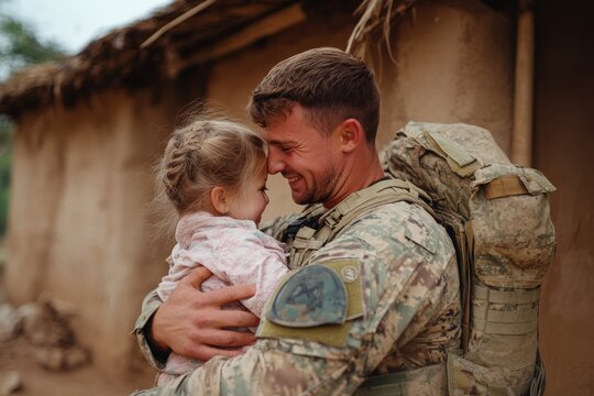 A joyful soldier reunites with his family outside their home after a long deployment, sharing a heartfelt embrace