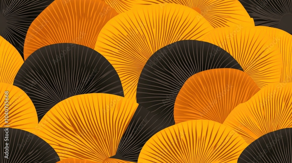 Poster abstract pattern with black and orange circles with radial lines.
