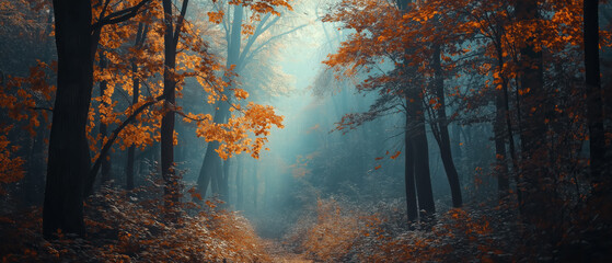 Enchanting forest pathway during autumn with vibrant orange foliage and soft sunlight filtering through misty trees