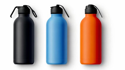 Three water bottles in black, blue, and orange stand on a white background - Powered by Adobe