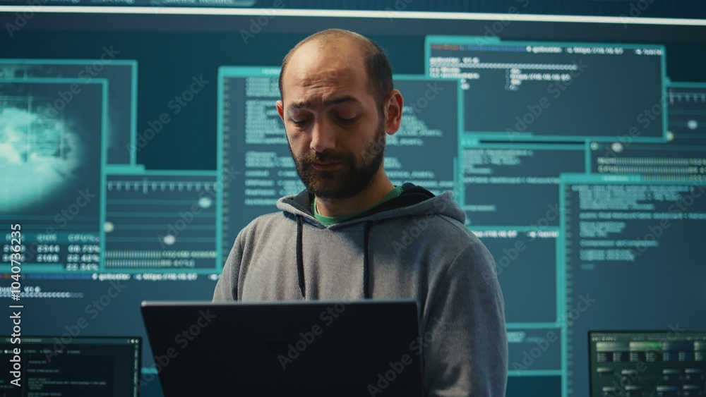 Poster governmental hackers breaching network security with advanced techniques, cyber defense in action. t
