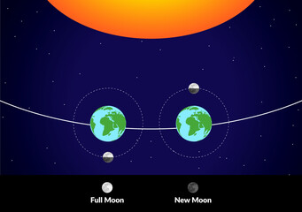 Moon Around the Earth with Sun and Lunar Phases of Full and New Moon Colorful Illustration