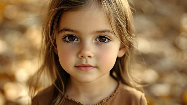 A young girl with long brown hair stares intently at the camera