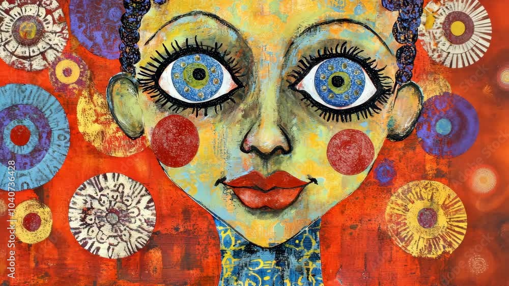 Poster a colorful portrait of a woman with large eyes and a bright smile, painted on a textured background 