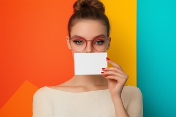Confident woman presenting a blank card against a vibrant backdrop, perfect for branding and marketing purposes
