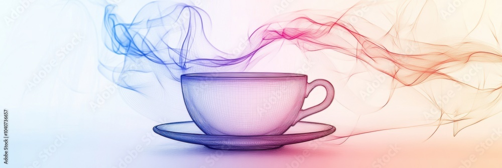 Poster a simple continuous line creates a tea cup, with gentle steam lines gracefully rising above the cup 