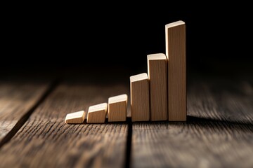 Stylized upward trending bar graph made of wooden blocks symbolizing business growth and success on a dark wood surface