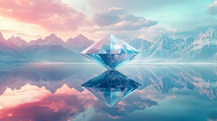 Futuristic geometric diamond floating above serene mountains, its reflective surface perfectly mirrored in the water below, abstract symmetry, digital art, vibrant colors
