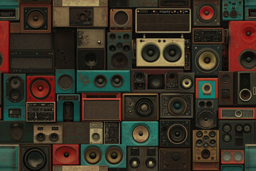 pattern of different used and vintage speakers and subwoofers, music wall, sound equipment, black, boxes, loudspeakers, photorealistic, TILE
