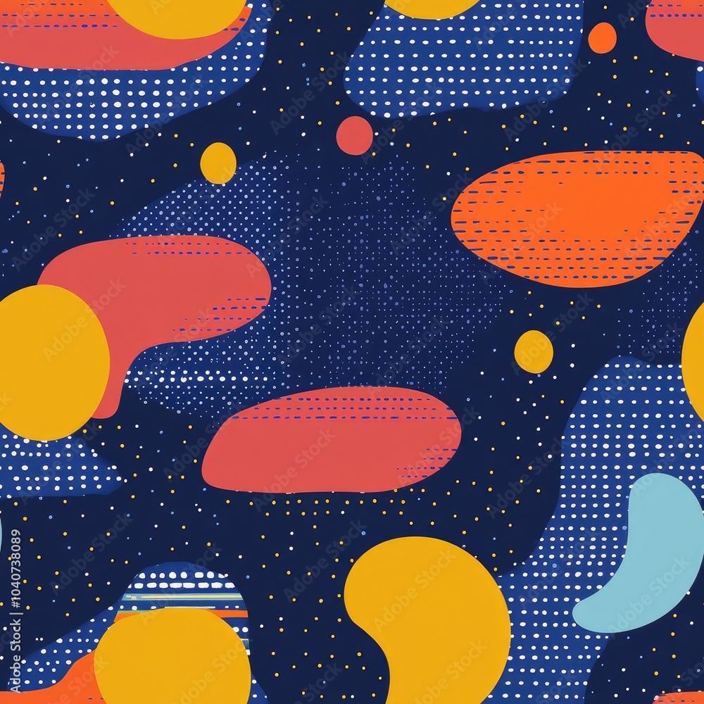 Poster abstract seamless pattern with colorful shapes on a dark blue background.