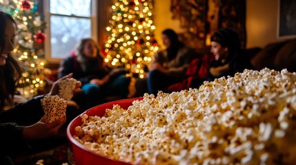 a bowl of popcorn with christmas tree decorations