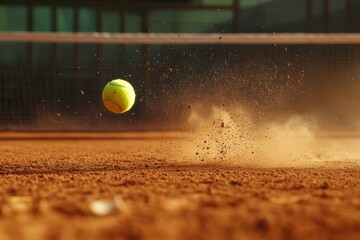 A tennis ball bounces on a dusty clay court, kicking up particles near the net as sunlight casts shadows across the surface