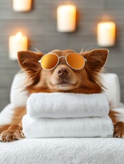 A relaxed dog wearing sunglasses on a stack of towels, surrounded by warm candlelight, embodies a pampered lifestyle.